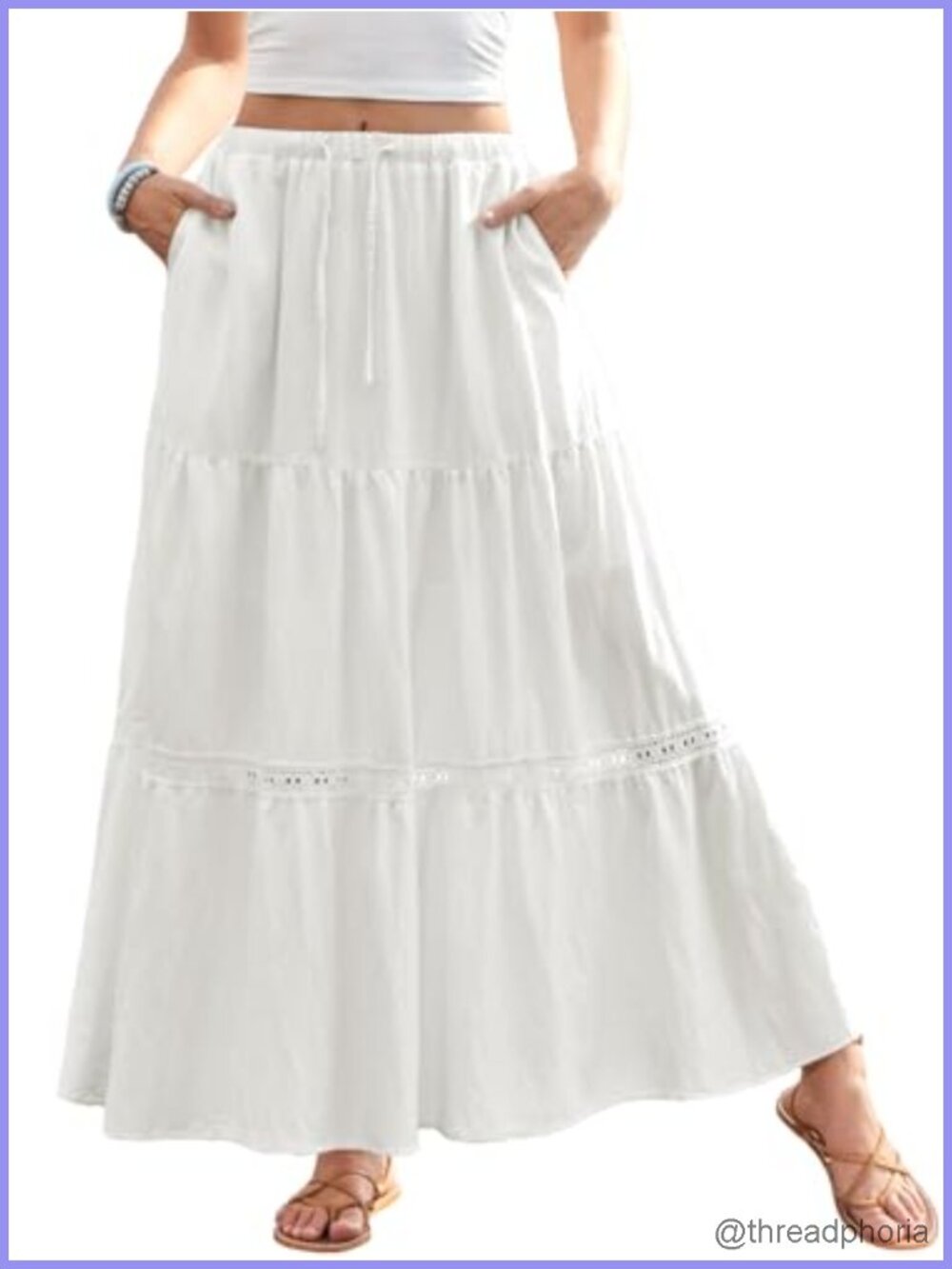 Boho Lace Trim Tiered Maxi Skirt High Waisted A-Line Flowy with Pockets